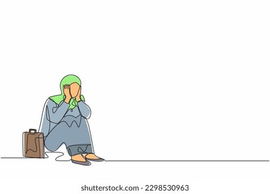 Continuous one line drawing sad Arabian businesswoman cover her face by hands and sitting on the floor. Depression disorder, sad, sorrow, disappointment symptom. Single line draw design vector graphic