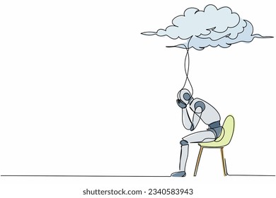 Continuous one line drawing sad robot sitting on chair under rain cloud. Worried about economic crisis. Humanoid robot cybernetic organism. Future robotic. Single line draw design vector illustration