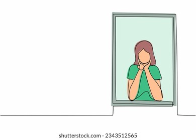 Continuous one line drawing sad woman sitting near the window with support the chin. Pandemic impact in business, economic recession, market crash. Single line draw design vector graphic illustration