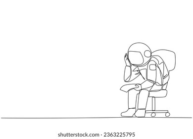 Continuous one line drawing sad astronaut sit limply in a chair. Pensively holding a piece of bill paper. The large of receivables, business will collapse. Single line draw design vector illustration