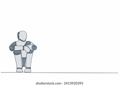 Continuous one line drawing sad robot suffer emotion melancholy sitting in despair on floor. Humanoid robot cybernetic organism. Future robotic development. Single line draw design vector illustration