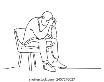 Continuous one line drawing of a sad man sitting on a chair and crying  deep thinking depressed solving problem editable line stroke illustration 