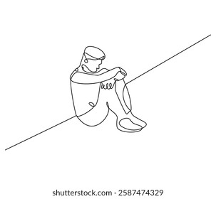 Continuous one line drawing of sad man sitting alone. Single line drawing illustration of thinking man. Man sitting alone concept vector art. Doodle line illustration.