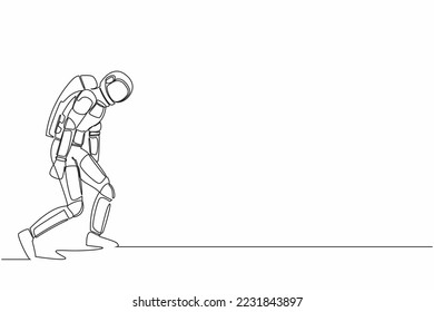 Continuous one line drawing sadness young astronaut bowed down. Having mental pressure or stress after spacecraft expedition. Cosmonaut outer space. Single line draw graphic design vector illustration svg