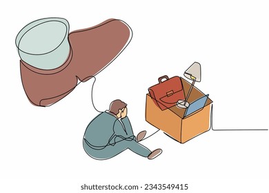 Continuous one line drawing sadness businessman sitting on the floor near office supplies under big foot stomp. Unemployment, dismissal, jobless people. Single line design vector graphic illustration