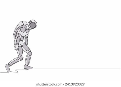Continuous one line drawing sadness young astronaut bowed down. Having mental pressure or stress after spacecraft expedition. Cosmonaut outer space. Single line draw graphic design vector illustration