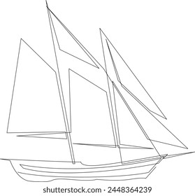 Continuous one line drawing of sailing ship. Vector illustration.