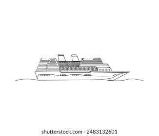 Continuous one line drawing of sailing cruise ship.  Cruise ship simple outline vector illustration. 