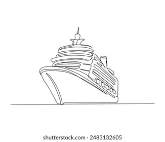 Continuous one line drawing of sailing cruise ship.  Cruise ship simple outline vector illustration. 