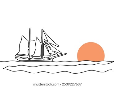 Desenho contínuo de uma linha de um veleiro e pôr do sol. Apresenta o navio e o pôr do sol em um design minimalista desenhado à mão.