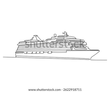 Continuous one line drawing of sailing cruise ship. Cruise ship in simple outline illustration. Editable line vector