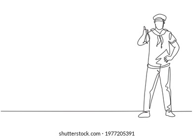 Continuous one line drawing a sailor man stands with a thumbs-up gesture to be part of a cruise ship carrying passengers traveling across seas. Single line draw design vector graphic illustration.