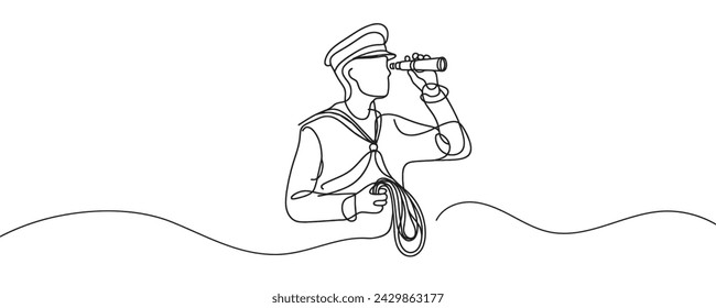 Continuous one line drawing of a sailor in uniform. Vector graphic illustration of a one line drawing of a ship captain.