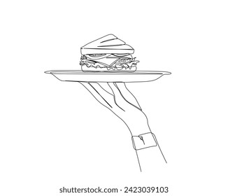 Dibujo continuo de una línea de sándwich. Ilustración de vector de contorno único. Trazo editable.