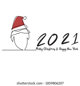 Dibujo continuo de una línea de Santa claus y texto de Navidad de Año Nuevo 2021 sobre fondo blanco, ilustración vectorial