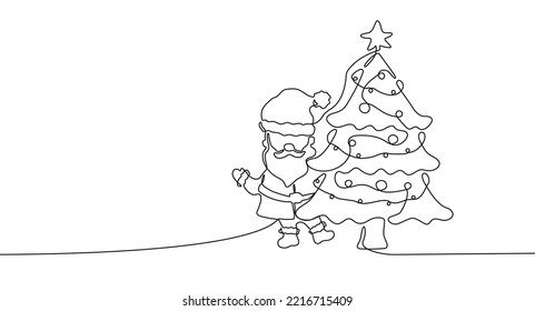 Continuous one line drawing of Santa Claus and christmas tree. Festive concept with christmas tree and character in line art style. Vector illustration isolated on white background