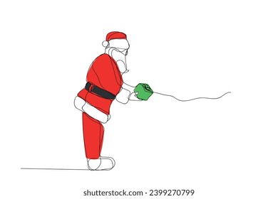Dibujo continuo de una línea de santa claus con bolsa con cajas de regalo saludando el ícono de navidad en silueta sobre un fondo blanco. Linear estilizado.