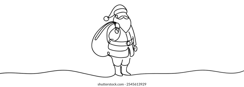 Dibujo continuo de una línea de Santa Claus con bolso con icono de felicitación de Navidad de regalo en silueta sobre un fondo blanco.