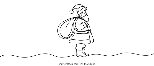 Dibujo continuo de una línea de Santa Claus con bolso con icono de felicitación de Navidad de regalo en silueta sobre un fondo blanco.