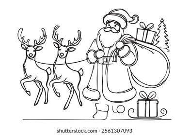 Continuous one line drawing of Santa Claus. Represents the joy and magic of Christmas. Hand drawn vector illustration for holiday greeting.