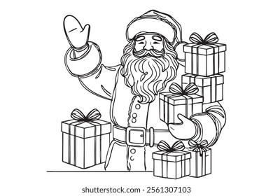 Continuous one line drawing of Santa Claus. Represents the joy and magic of Christmas. Hand drawn vector illustration for holiday greeting.