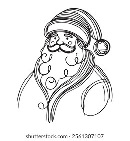 Continuous one line drawing of Santa Claus. Represents the joy and magic of Christmas. Hand drawn vector illustration for holiday greeting.