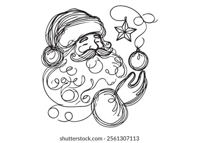 Continuous one line drawing of Santa Claus. Represents the joy and magic of Christmas. Hand drawn vector illustration for holiday greeting.