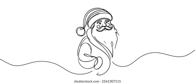 Continuous one line drawing of Santa Claus. Represents the joy and magic of Christmas. Hand drawn vector illustration for holiday greeting.