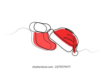 continuous one line drawing of Santi's hat and socks. New Year handwritten text, minimalistic design. vector illustration
