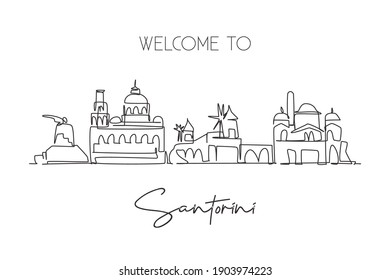 Continuous one line drawing Santorini old city skyline, Greece. Beautiful landmark. World landscape tourism travel wall decor poster print art. Stylish single line draw design vector illustration