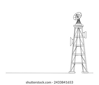 Continuous one line drawing of satellite tower. Communication tower with antena and satellite disc in simple outline illustration. Editable stroke.