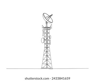 Dibujo continuo de una línea de la torre del satélite. Torre de comunicación con antena y disco satélite en ilustración de contorno simple. Trazo editable.