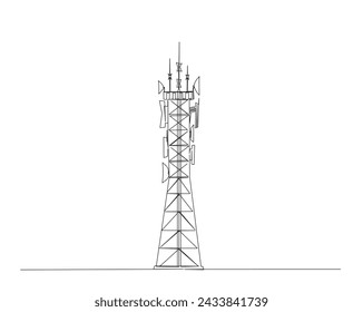 Continuous one line drawing of satellite tower. Communication tower with antena and satellite disc in simple outline illustration. Editable stroke.