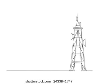 Continuous one line drawing of satellite tower. Communication tower with antena and satellite disc in simple outline illustration. Editable stroke.