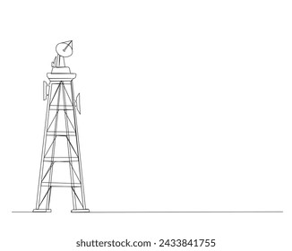 Continuous one line drawing of satellite tower. Communication tower with antena and satellite disc in simple outline illustration. Editable stroke.