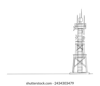 Continuous one line drawing of satellite tower. Communication tower with antena and satellite disc in simple outline illustration. Editable stroke.