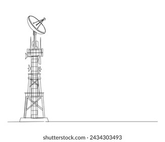 Continuous one line drawing of satellite tower. Communication tower with antena and satellite disc in simple outline illustration. Editable stroke.