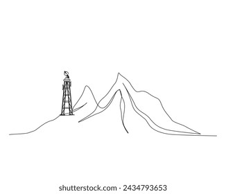 Continuous one line drawing of satellite tower in the mountain. Communication tower in the mountain outline illustration. Editable stroke.