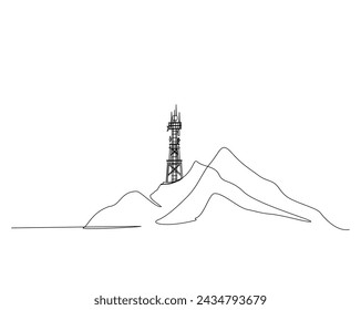 Continuous one line drawing of satellite tower in the mountain. Communication tower in the mountain outline illustration. Editable stroke.