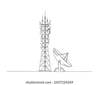 Kontinuierliche Einzeilenzeichnung von Satellitenturm und Satellitenplatte. Kommunikationsturm und Satellitenscheibe in einfacher Konturdarstellung. Bearbeitbarer Strich.