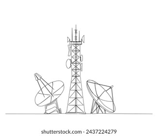 Kontinuierliche Einzeilenzeichnung von Satellitenturm und Satellitenplatte. Kommunikationsturm und Satellitenscheibe in einfacher Konturdarstellung. Bearbeitbarer Strich.