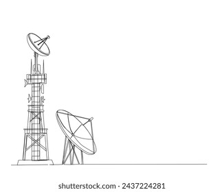 Continuous one line drawing of satellite tower and satellite disc. Communication tower and satellite disc in simple outline illustration. Editable stroke.