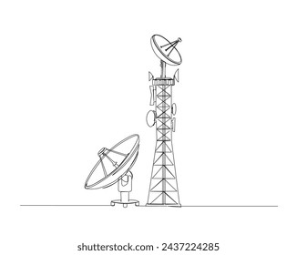 Dibujo continuo de una línea de la torre y el disco del satélite. Torre de comunicación y disco satélite en ilustración de esquema simple. Trazo editable.