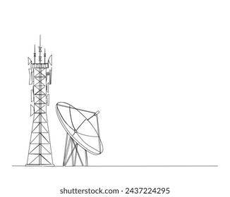 Kontinuierliche Einzeilenzeichnung von Satellitenturm und Satellitenplatte. Kommunikationsturm und Satellitenscheibe in einfacher Konturdarstellung. Bearbeitbarer Strich.