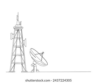 Continuous one line drawing of satellite tower and satellite disc. Communication tower and satellite disc in simple outline illustration. Editable stroke.