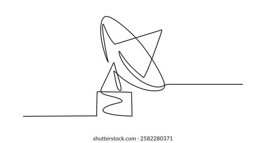 Continuous one line drawing of a satellite dish transmitting signals. Symbol of telecommunications, broadcasting, and space technology. Vector illustration hand drawn.