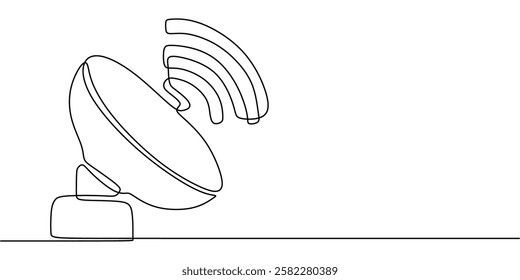 Continuous one line drawing of a satellite dish transmitting signals. Symbol of telecommunications, broadcasting, and space technology. Vector illustration hand drawn.