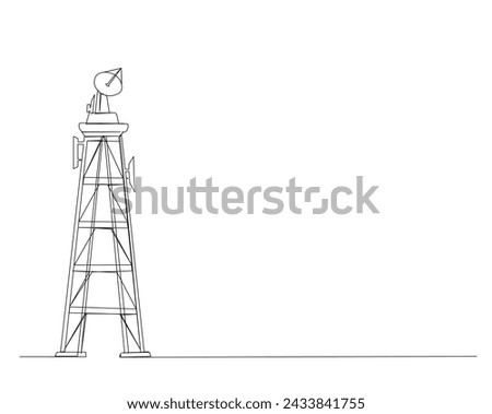 Continuous one line drawing of satellite tower. Communication tower with antena and satellite disc in simple outline illustration. Editable stroke.