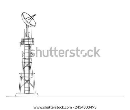 Continuous one line drawing of satellite tower. Communication tower with antena and satellite disc in simple outline illustration. Editable stroke.
