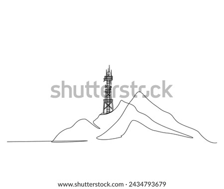 Continuous one line drawing of satellite tower in the mountain. Communication tower in the mountain outline illustration. Editable stroke.